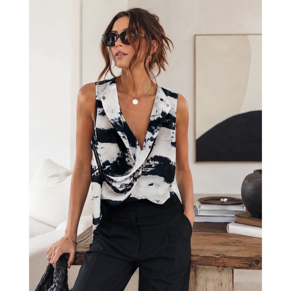 FYLO Draped Wrap Top Abstract Brushstroke Black White Large Sleeveless Zipper